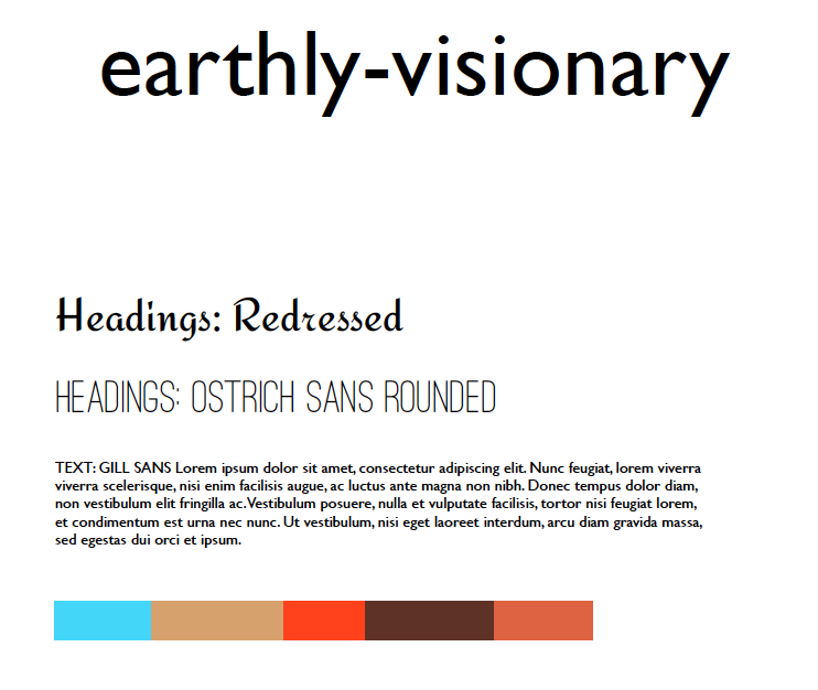 Image of typography options and color pallete of mood board Earthly - visionary