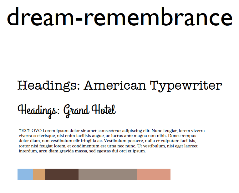 Image of typography options and color pallete of mood board Dream - remembrance