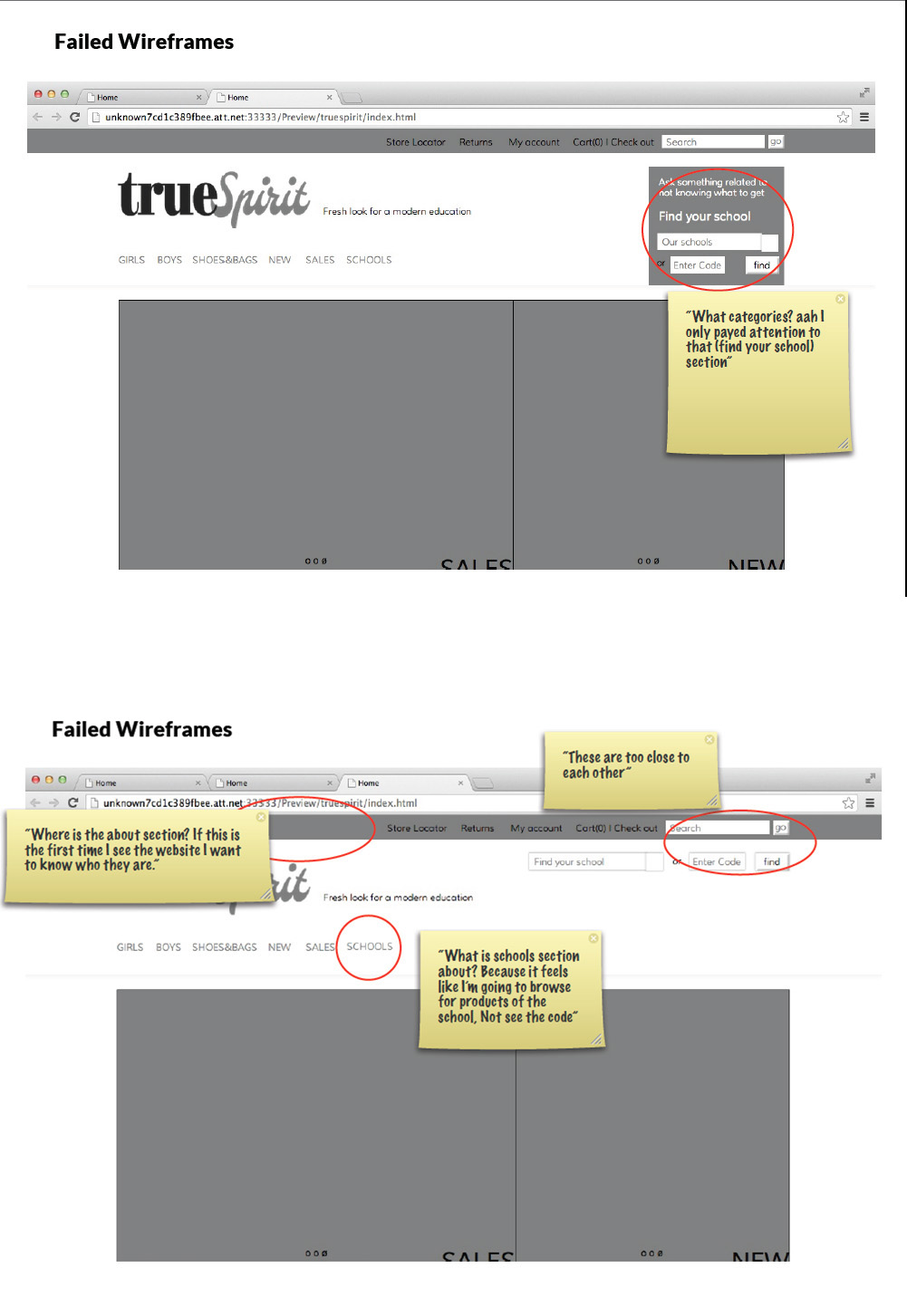 Image of wireframe with user feedback notes for corrections